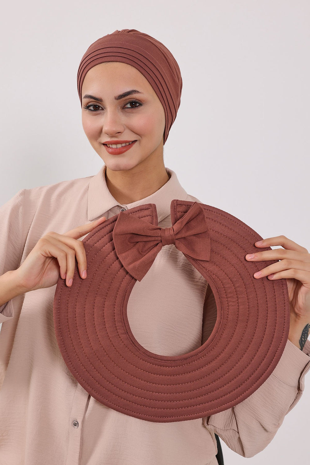 Modest Sun Protective Turban Bonnet with Removable Bow Brim for Women, 2-in-1 Hijab Hat with Removable Brim,S-4 Cinnamon
