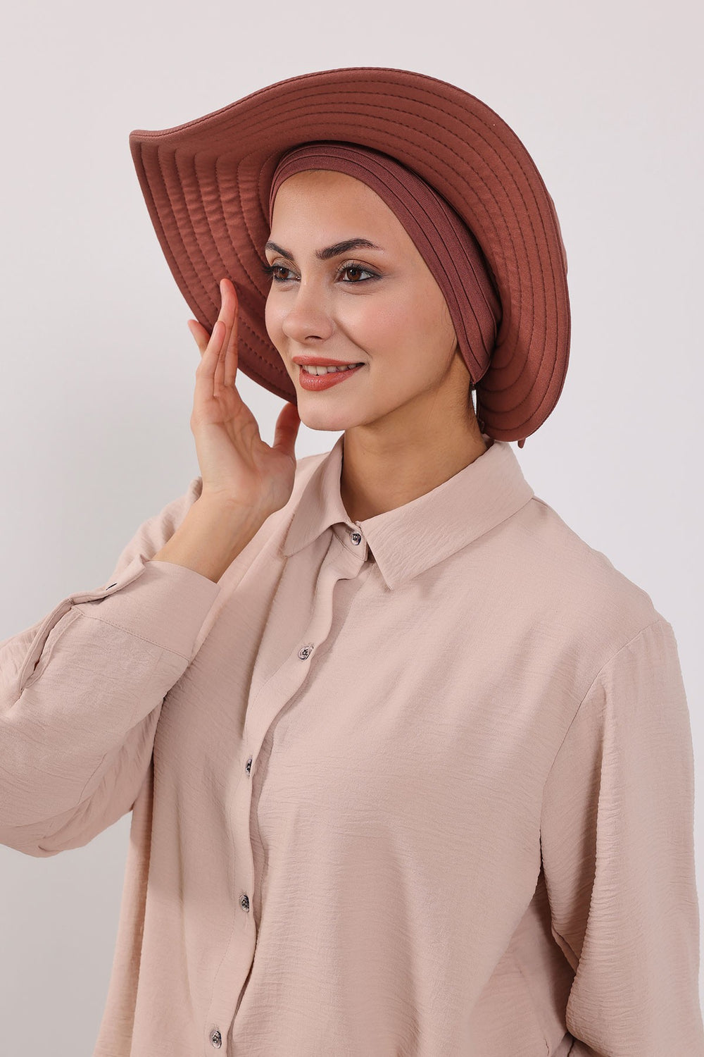 Modest Sun Protective Turban Bonnet with Removable Bow Brim for Women, 2-in-1 Hijab Hat with Removable Brim,S-4 Cinnamon