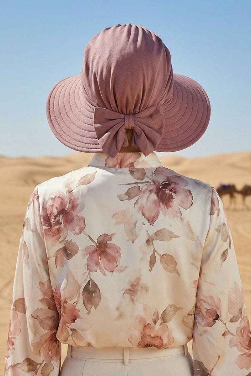 Modest Sun Protective Turban Bonnet with Removable Bow Brim for Women, 2-in-1 Hijab Hat with Removable Brim,S-4