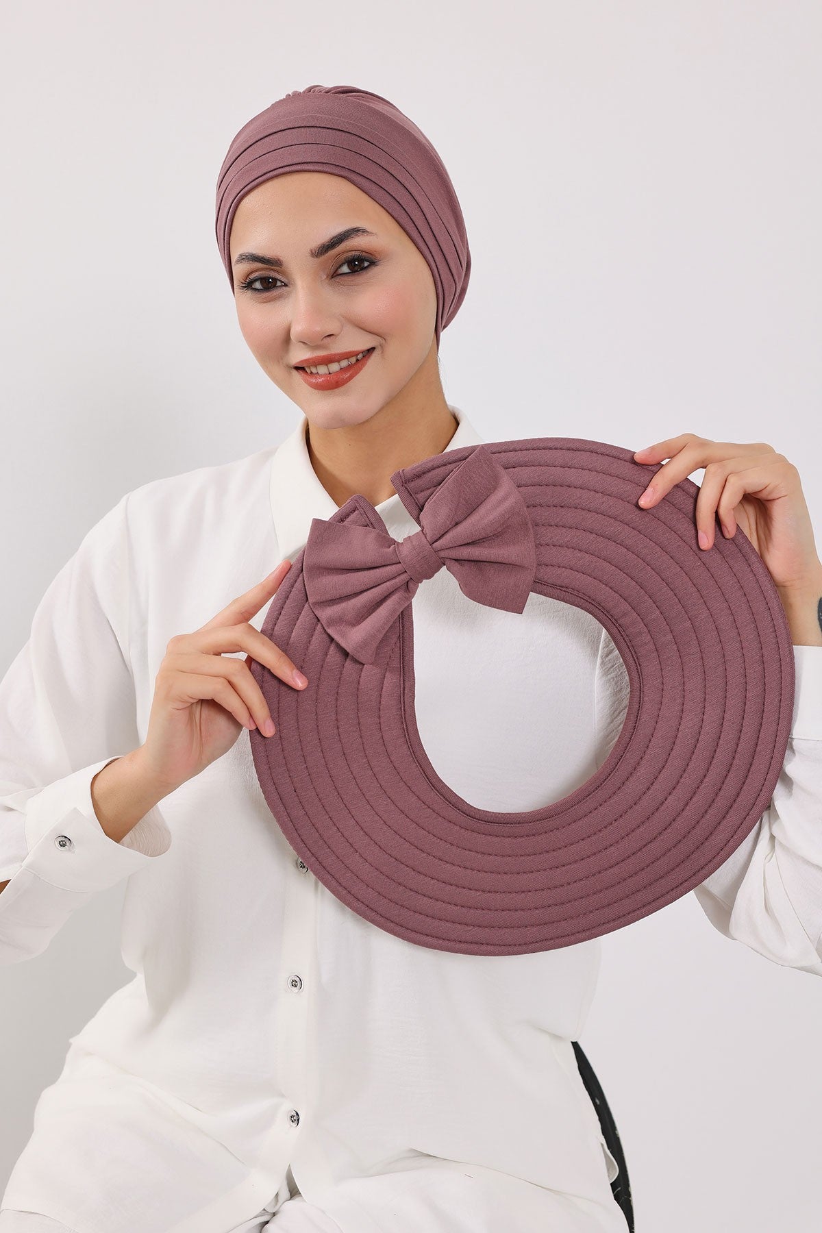 Modest Sun Protective Turban Bonnet with Removable Bow Brim for Women, 2-in-1 Hijab Hat with Removable Brim,S-4 Dusty Rose