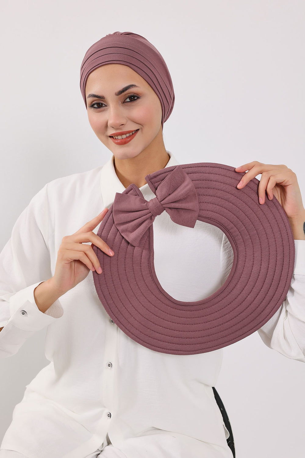 Modest Sun Protective Turban Bonnet with Removable Bow Brim for Women, 2-in-1 Hijab Hat with Removable Brim,S-4 Dusty Rose