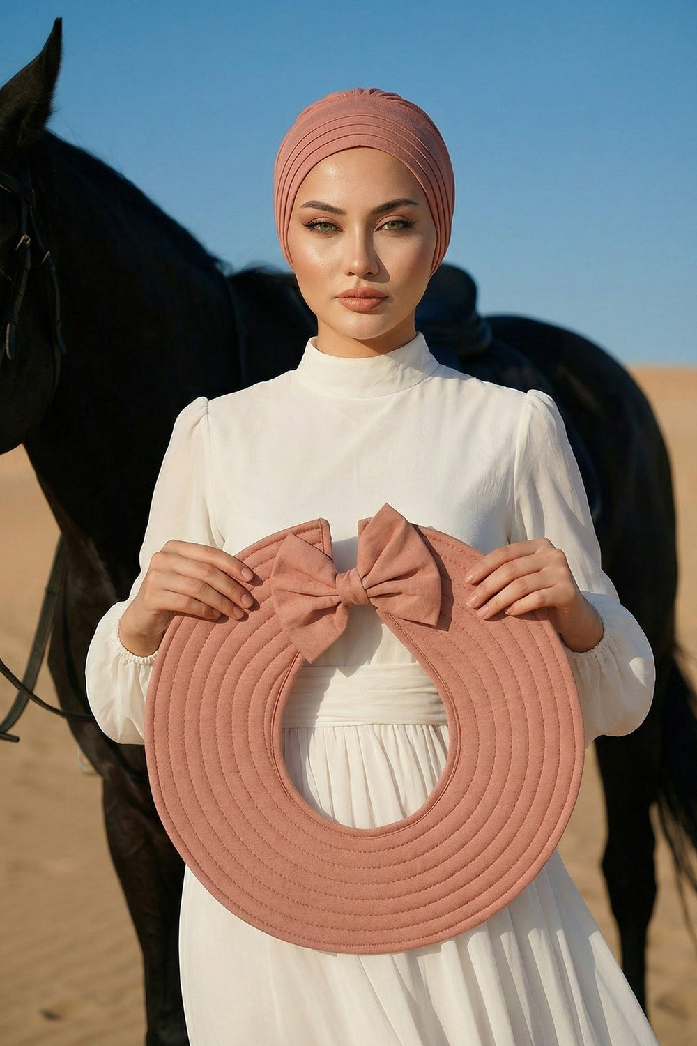 Modest Sun Protective Turban Bonnet with Removable Bow Brim for Women, 2-in-1 Hijab Hat with Removable Brim,S-4 Cappucino