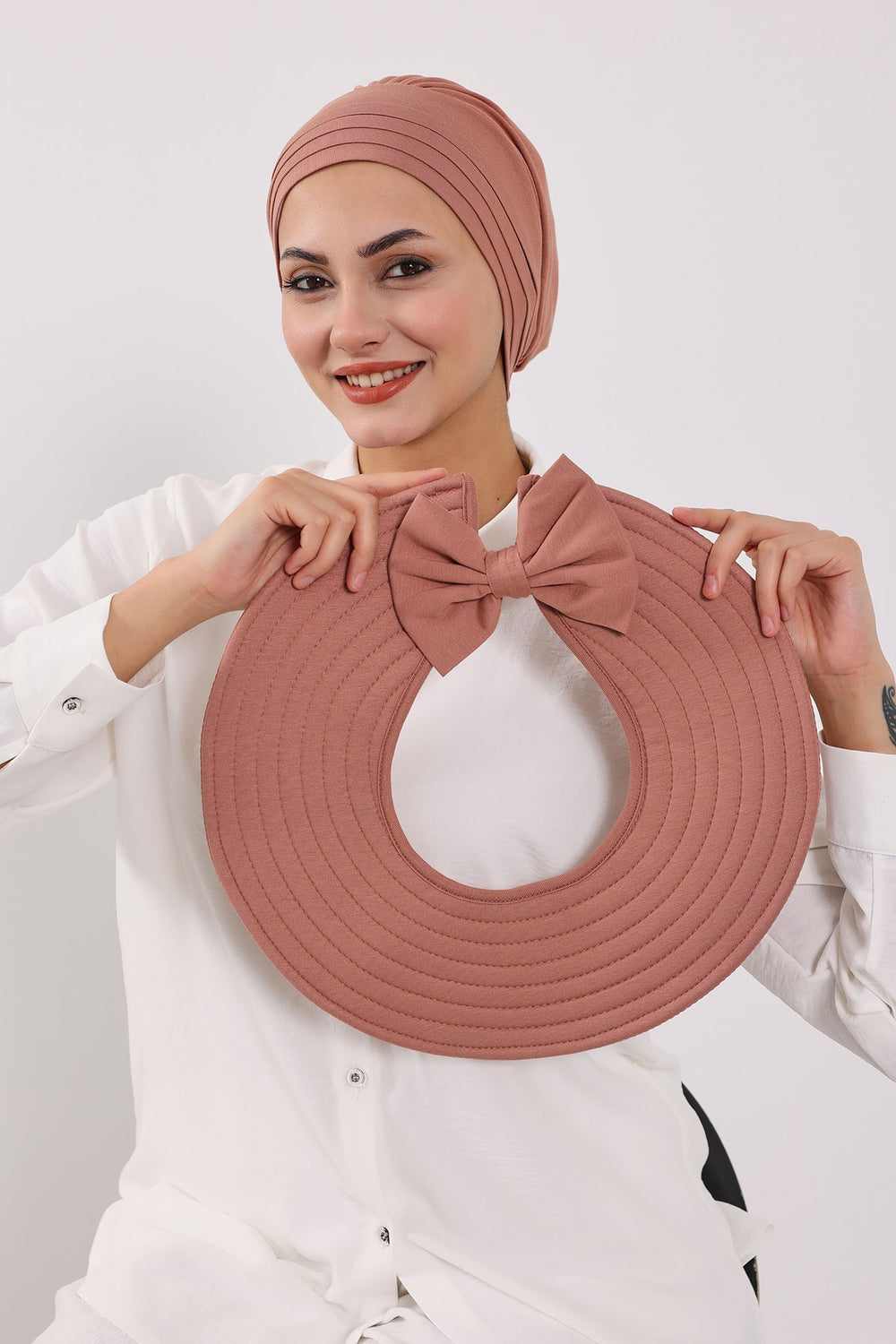 Modest Sun Protective Turban Bonnet with Removable Bow Brim for Women, 2-in-1 Hijab Hat with Removable Brim,S-4 Cappucino