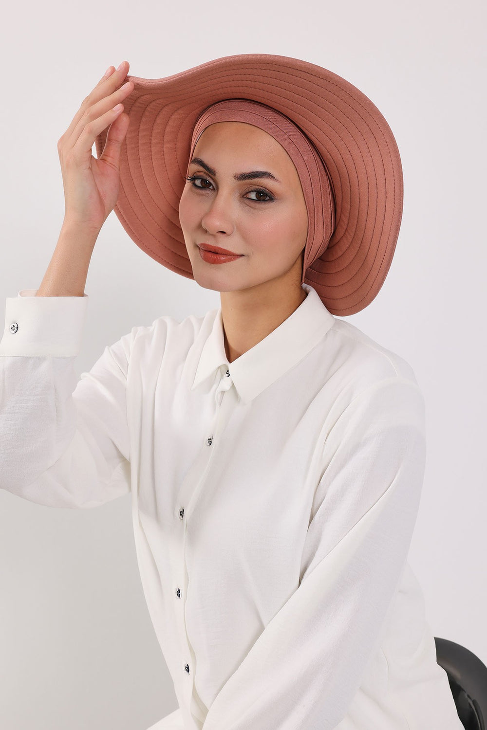 Modest Sun Protective Turban Bonnet with Removable Bow Brim for Women, 2-in-1 Hijab Hat with Removable Brim,S-4 Cappucino
