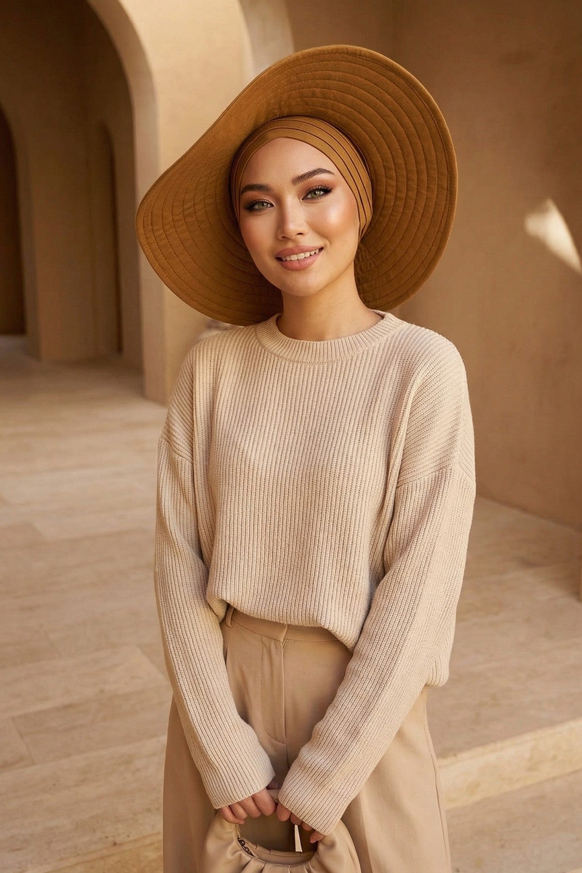 Modest Sun Protective Turban Bonnet with Removable Bow Brim for Women, 2-in-1 Hijab Hat with Removable Brim,S-4 Dark Mustard