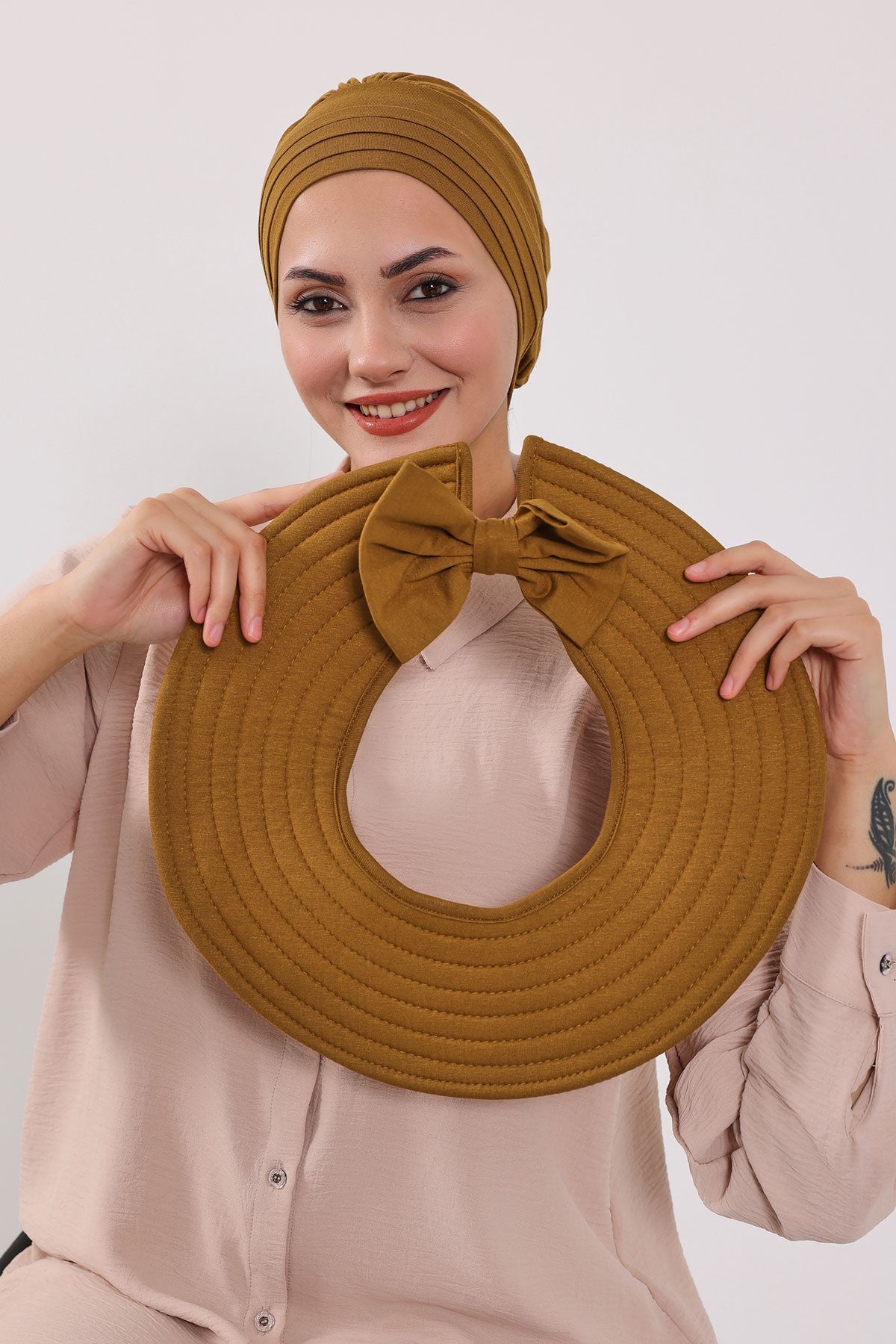 Modest Sun Protective Turban Bonnet with Removable Bow Brim for Women, 2-in-1 Hijab Hat with Removable Brim,S-4 Dark Mustard
