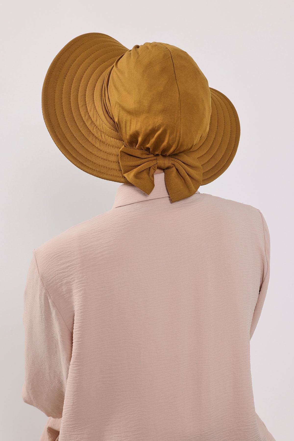 Modest Sun Protective Turban Bonnet with Removable Bow Brim for Women, 2-in-1 Hijab Hat with Removable Brim,S-4 Dark Mustard