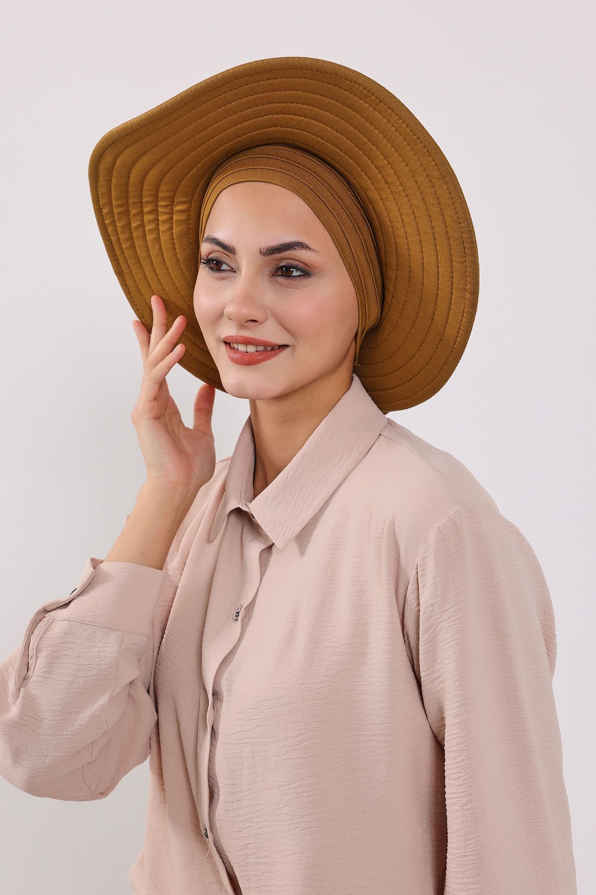 Modest Sun Protective Turban Bonnet with Removable Bow Brim for Women, 2-in-1 Hijab Hat with Removable Brim,S-4 Dark Mustard