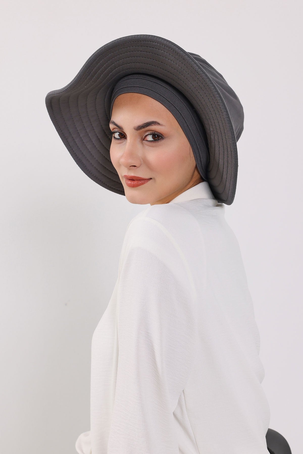 Modest Sun Protective Turban Bonnet with Removable Bow Brim for Women, 2-in-1 Hijab Hat with Removable Brim,S-4 Anthracite