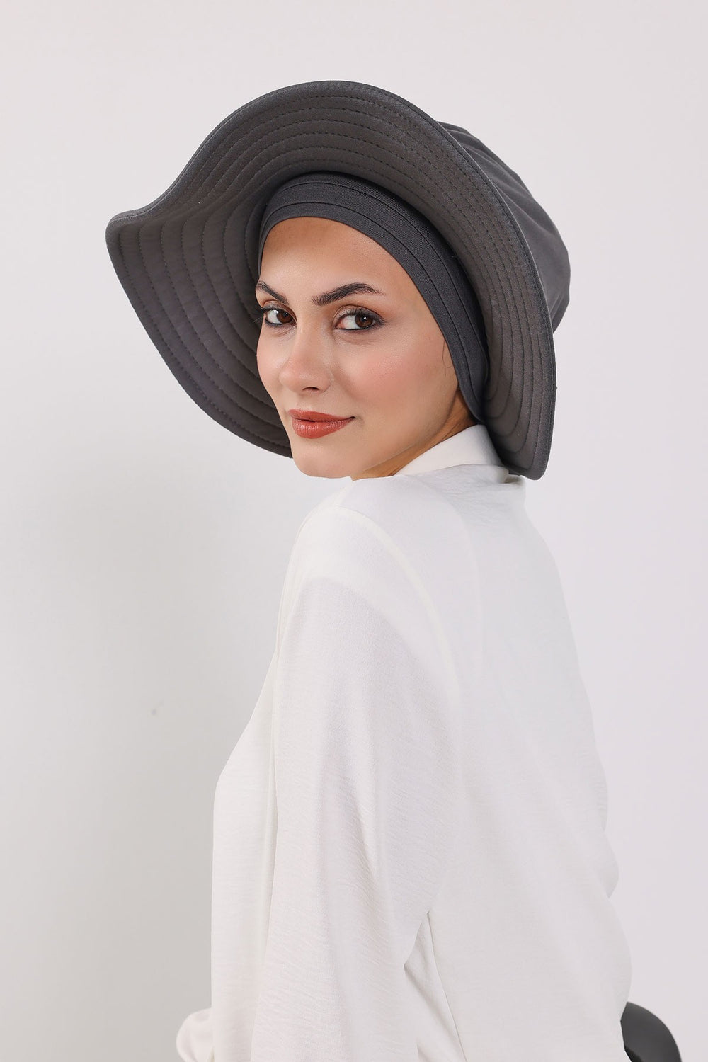 Modest Sun Protective Turban Bonnet with Removable Bow Brim for Women, 2-in-1 Hijab Hat with Removable Brim,S-4 Anthracite
