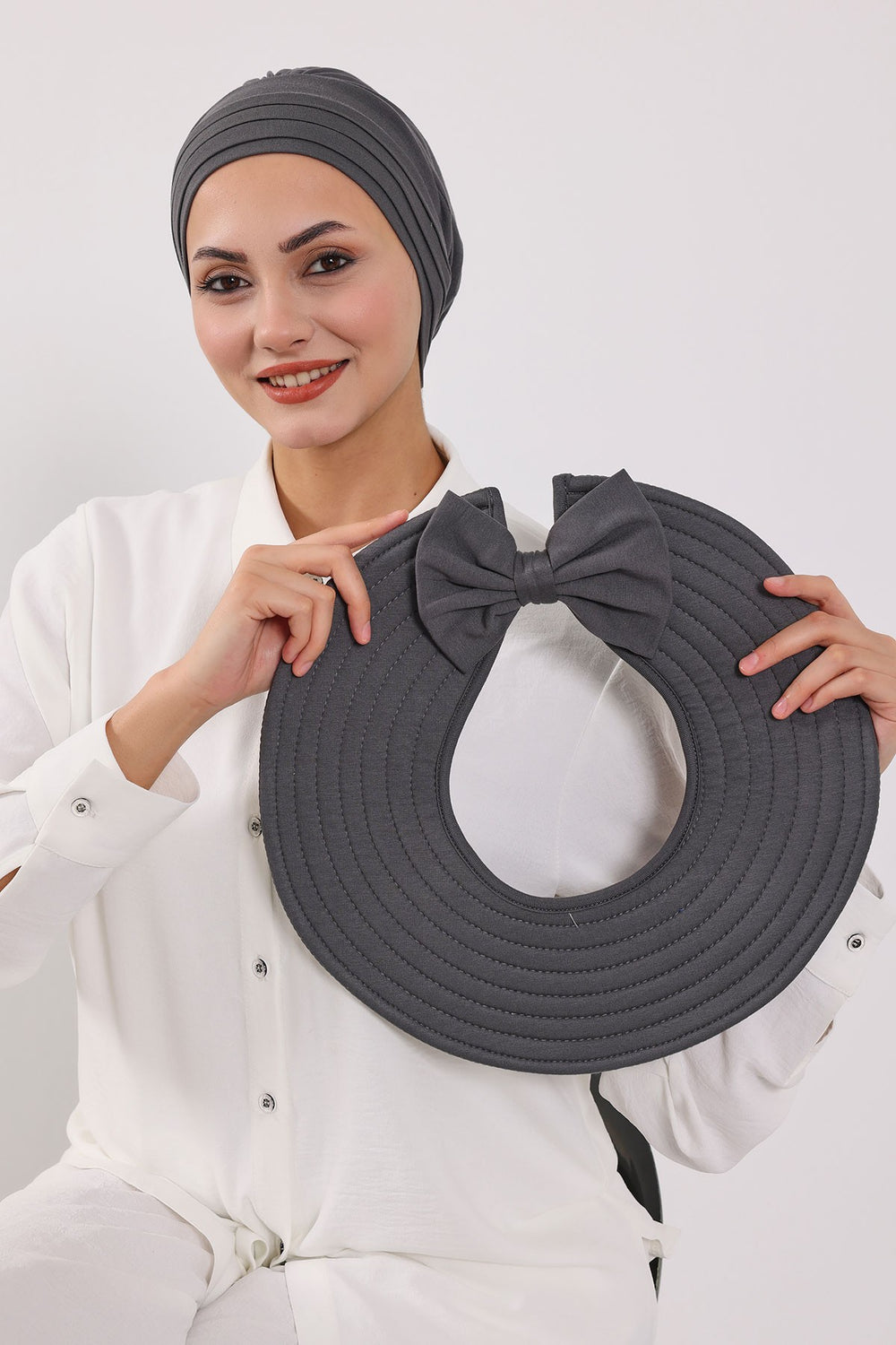 Modest Sun Protective Turban Bonnet with Removable Bow Brim for Women, 2-in-1 Hijab Hat with Removable Brim,S-4 Anthracite