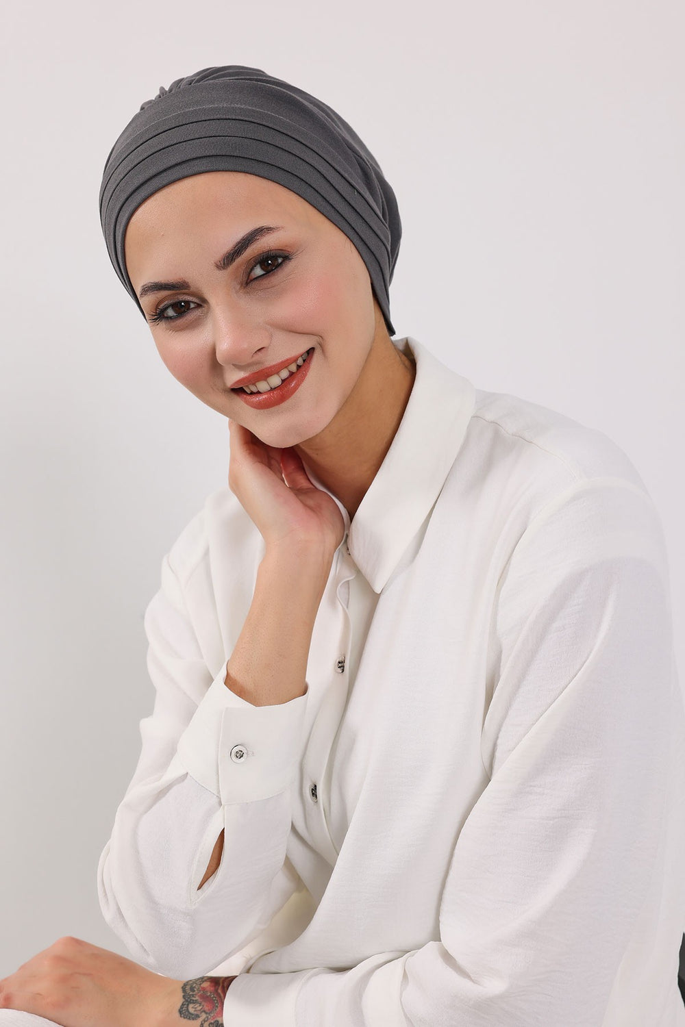 Modest Sun Protective Turban Bonnet with Removable Bow Brim for Women, 2-in-1 Hijab Hat with Removable Brim,S-4 Anthracite