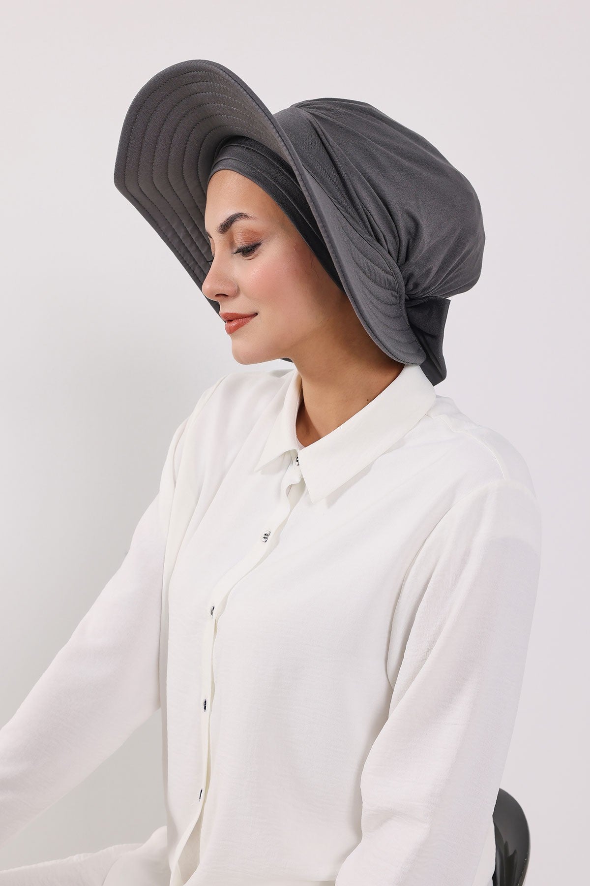 Modest Sun Protective Turban Bonnet with Removable Bow Brim for Women, 2-in-1 Hijab Hat with Removable Brim,S-4 Anthracite