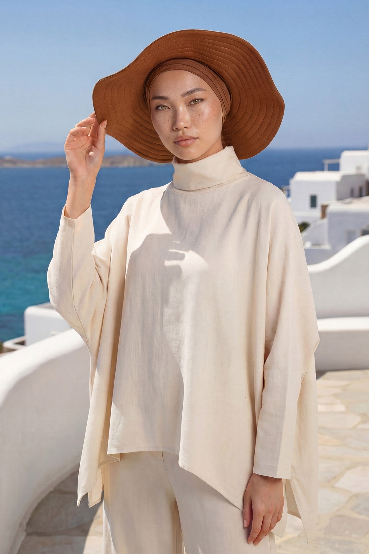 Modest Sun Protective Turban Bonnet with Removable Bow Brim for Women, 2-in-1 Hijab Hat with Removable Brim,S-4 Tile Red