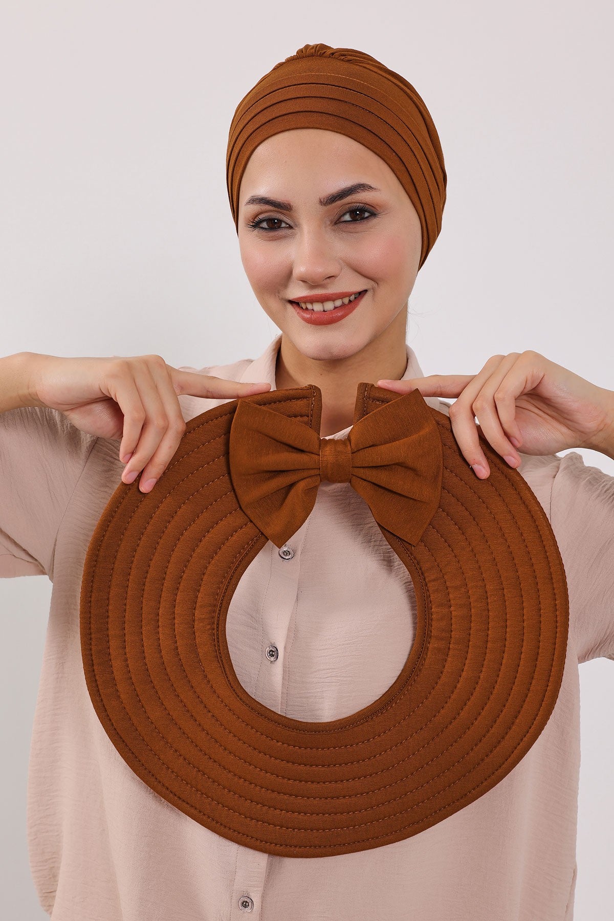Modest Sun Protective Turban Bonnet with Removable Bow Brim for Women, 2-in-1 Hijab Hat with Removable Brim,S-4 Tile Red