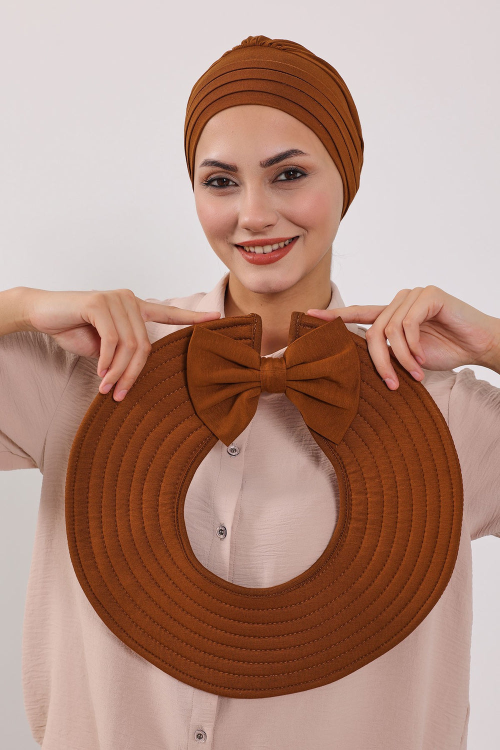 Modest Sun Protective Turban Bonnet with Removable Bow Brim for Women, 2-in-1 Hijab Hat with Removable Brim,S-4 Tile Red