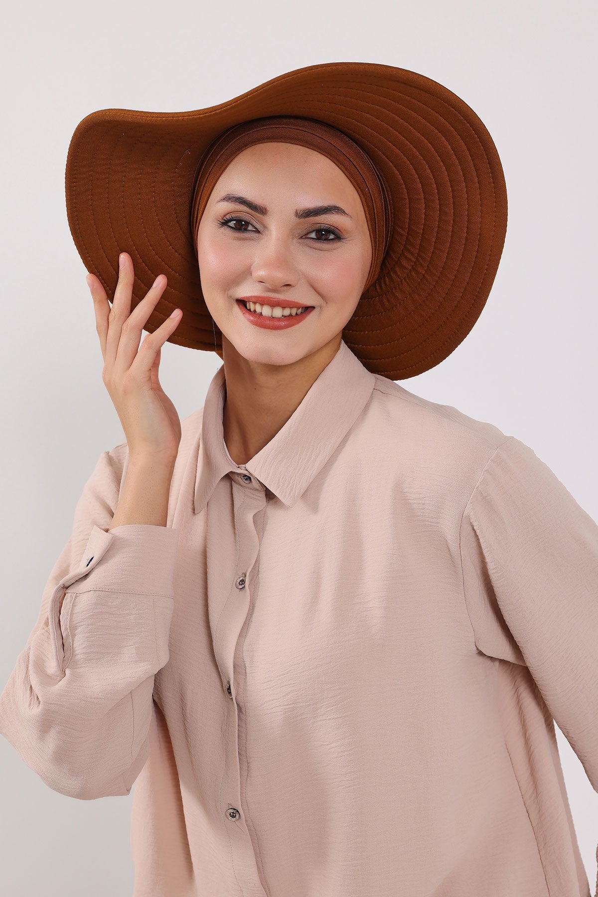 Modest Sun Protective Turban Bonnet with Removable Bow Brim for Women, 2-in-1 Hijab Hat with Removable Brim,S-4 Tile Red