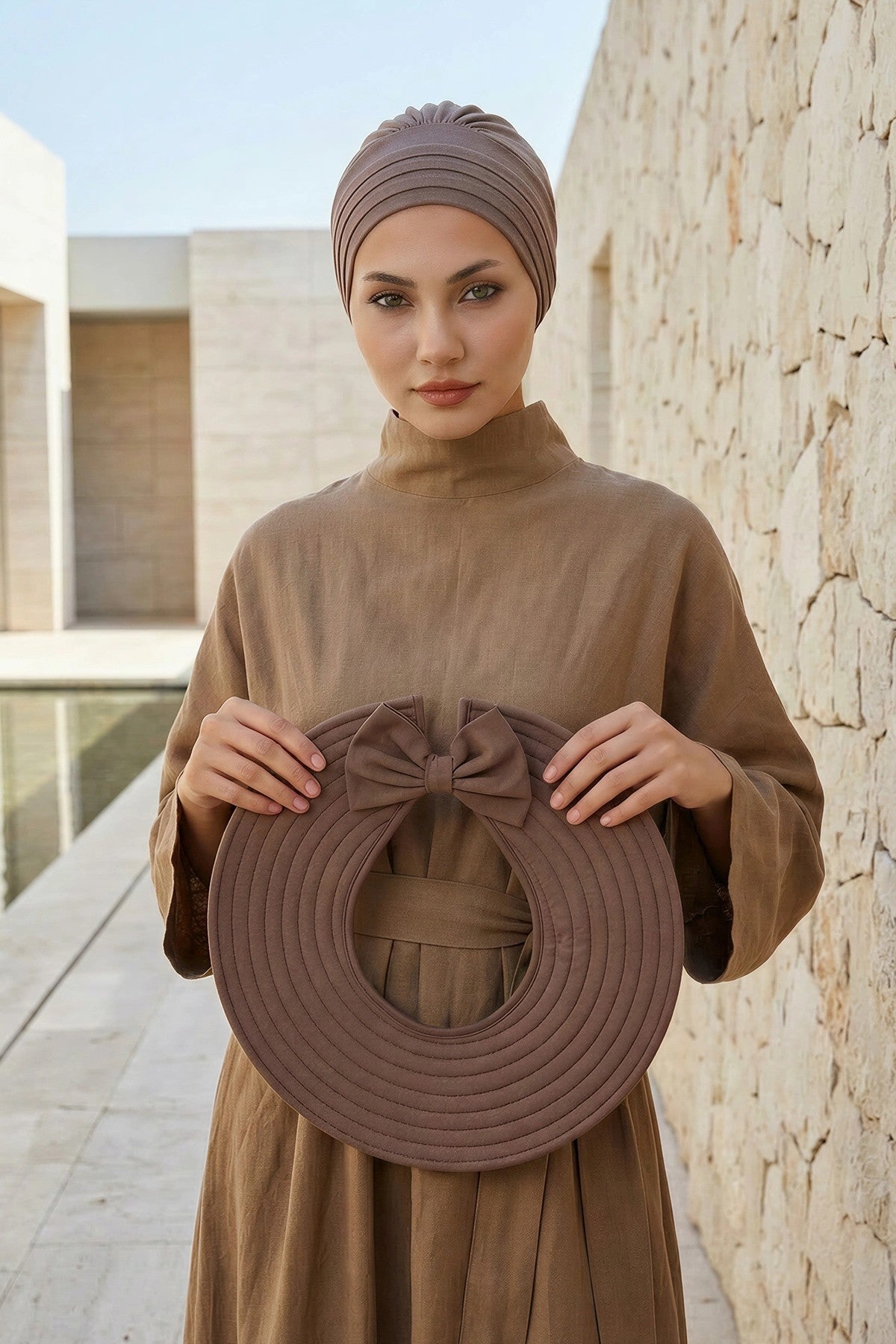 Modest Sun Protective Turban Bonnet with Removable Bow Brim for Women, 2-in-1 Hijab Hat with Removable Brim,S-4 Chocolate