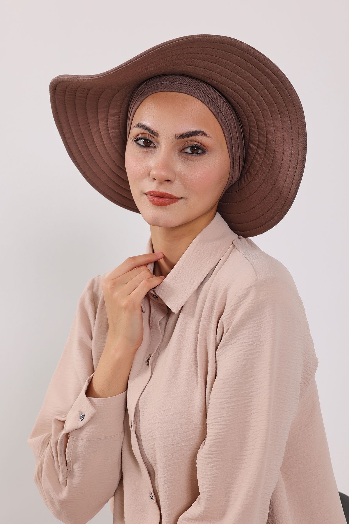 Modest Sun Protective Turban Bonnet with Removable Bow Brim for Women, 2-in-1 Hijab Hat with Removable Brim,S-4 Chocolate