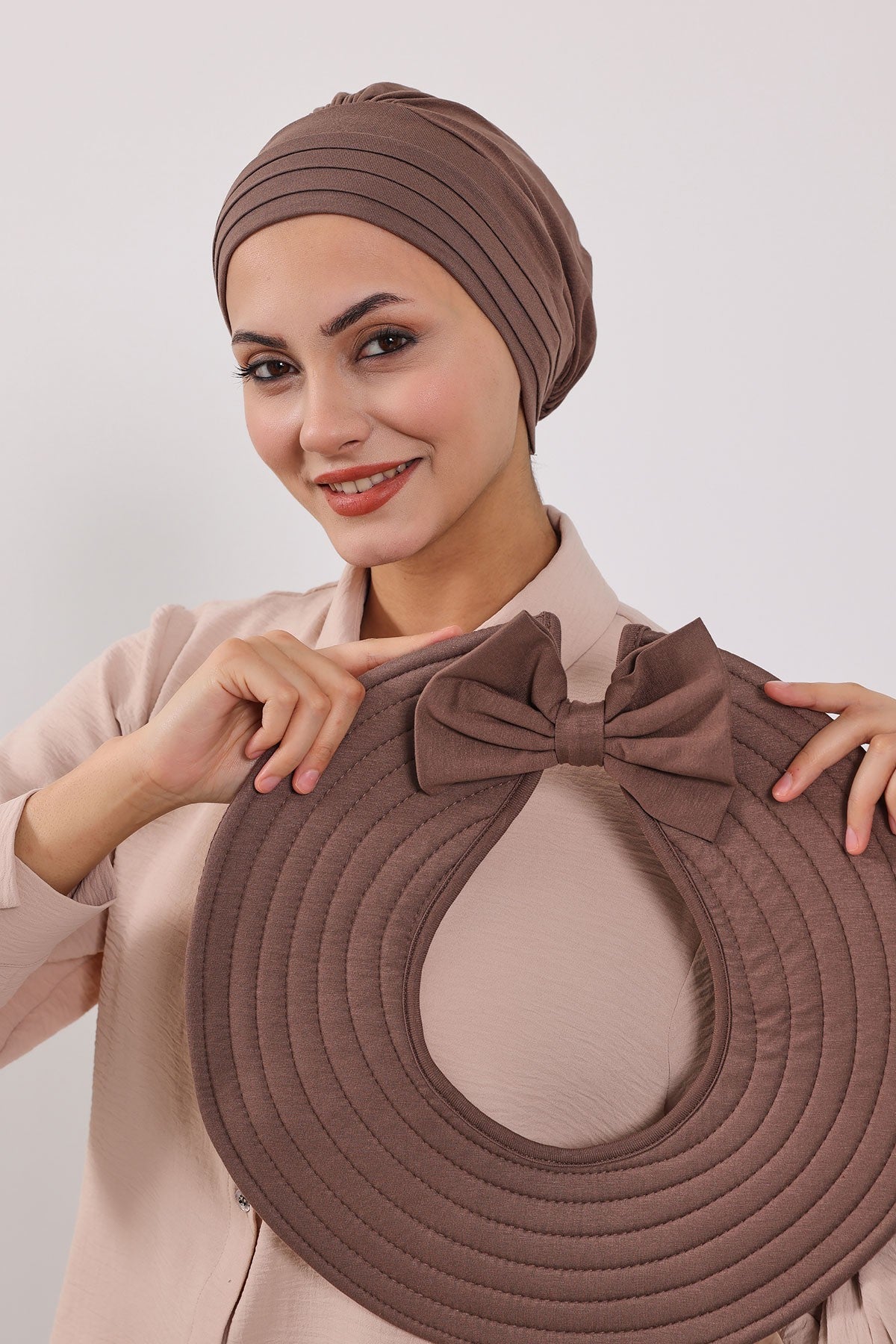 Modest Sun Protective Turban Bonnet with Removable Bow Brim for Women, 2-in-1 Hijab Hat with Removable Brim,S-4 Chocolate