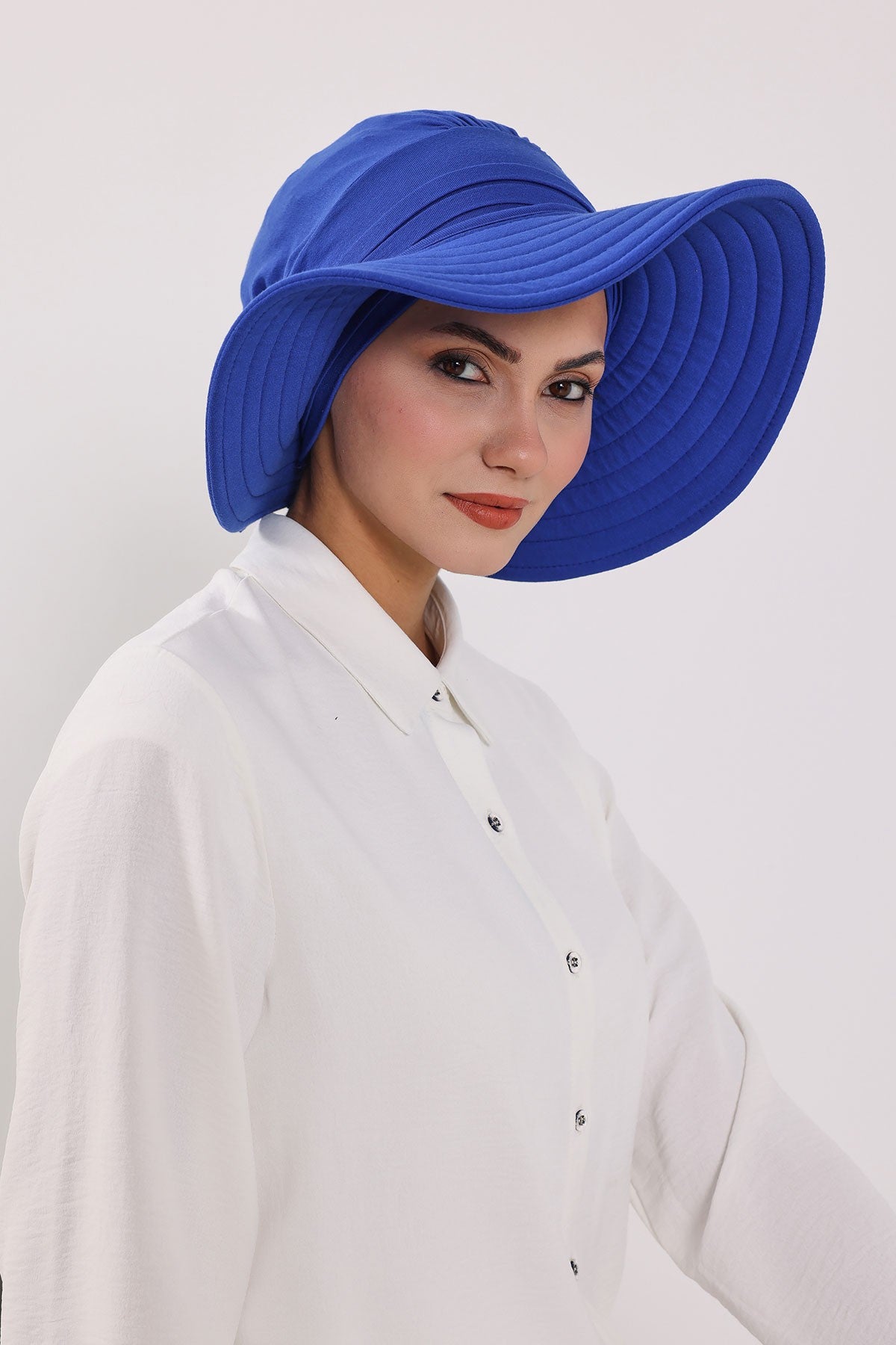 Modest Sun Protective Turban Bonnet with Removable Bow Brim for Women, 2-in-1 Hijab Hat with Removable Brim,S-4 Sax Blue
