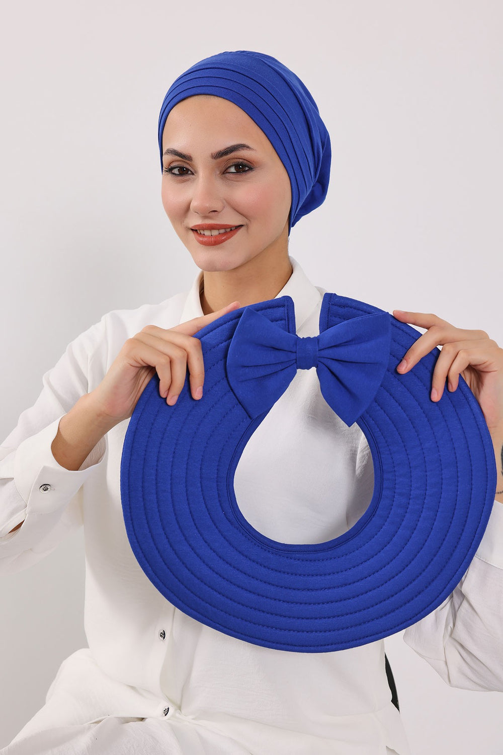 Modest Sun Protective Turban Bonnet with Removable Bow Brim for Women, 2-in-1 Hijab Hat with Removable Brim,S-4 Sax Blue