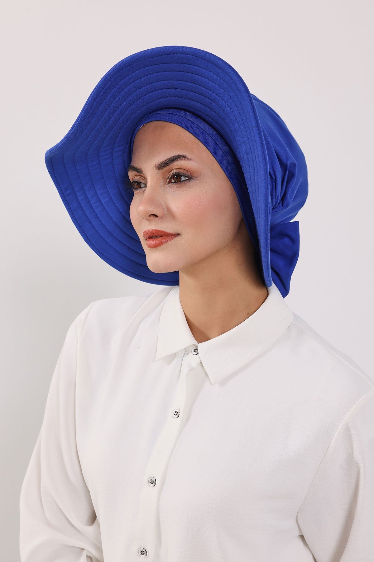 Modest Sun Protective Turban Bonnet with Removable Bow Brim for Women, 2-in-1 Hijab Hat with Removable Brim,S-4 Sax Blue