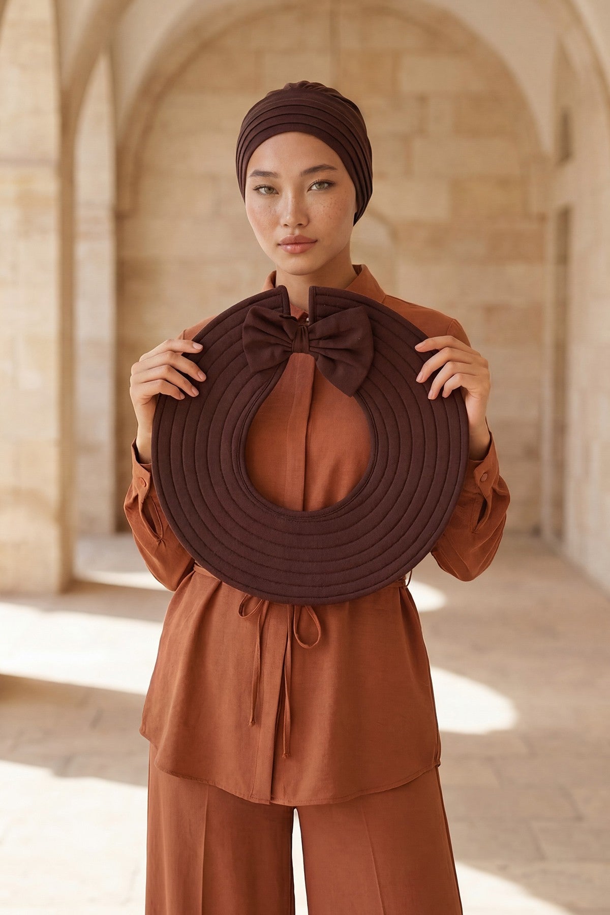 Modest Sun Protective Turban Bonnet with Removable Bow Brim for Women, 2-in-1 Hijab Hat with Removable Brim,S-4 Brown