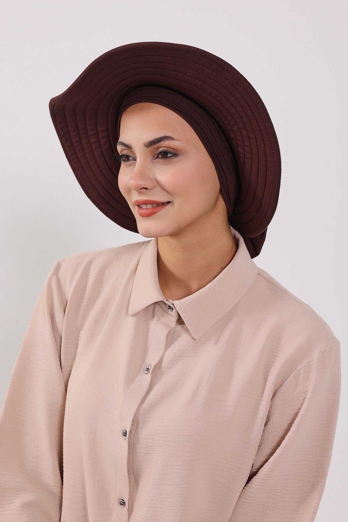 Modest Sun Protective Turban Bonnet with Removable Bow Brim for Women, 2-in-1 Hijab Hat with Removable Brim,S-4 Brown