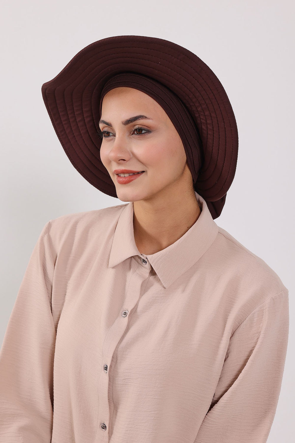 Modest Sun Protective Turban Bonnet with Removable Bow Brim for Women, 2-in-1 Hijab Hat with Removable Brim,S-4 Brown