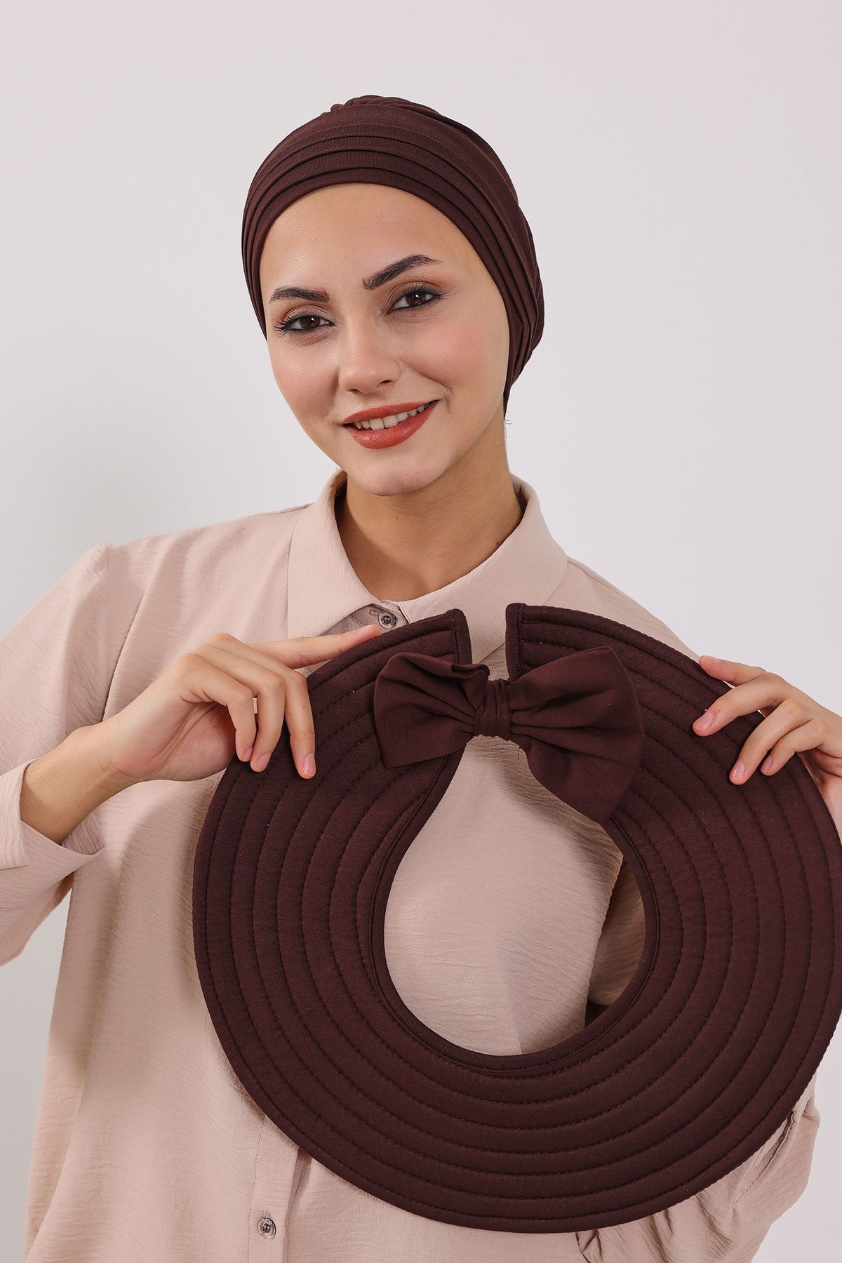 Modest Sun Protective Turban Bonnet with Removable Bow Brim for Women, 2-in-1 Hijab Hat with Removable Brim,S-4 Brown