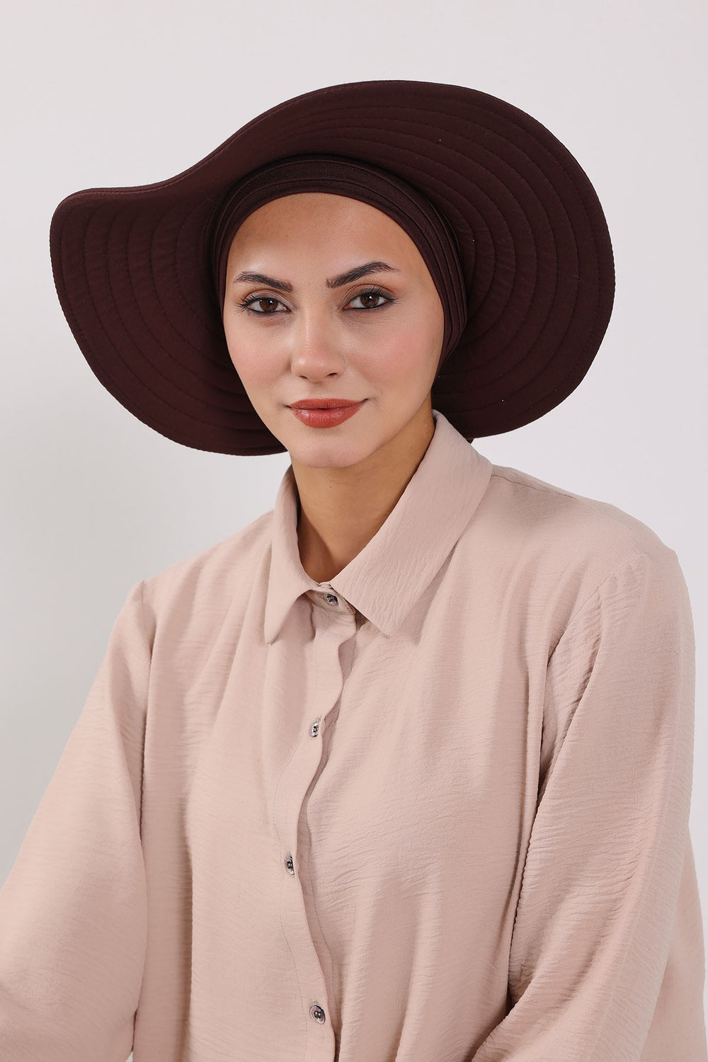 Modest Sun Protective Turban Bonnet with Removable Bow Brim for Women, 2-in-1 Hijab Hat with Removable Brim,S-4 Brown