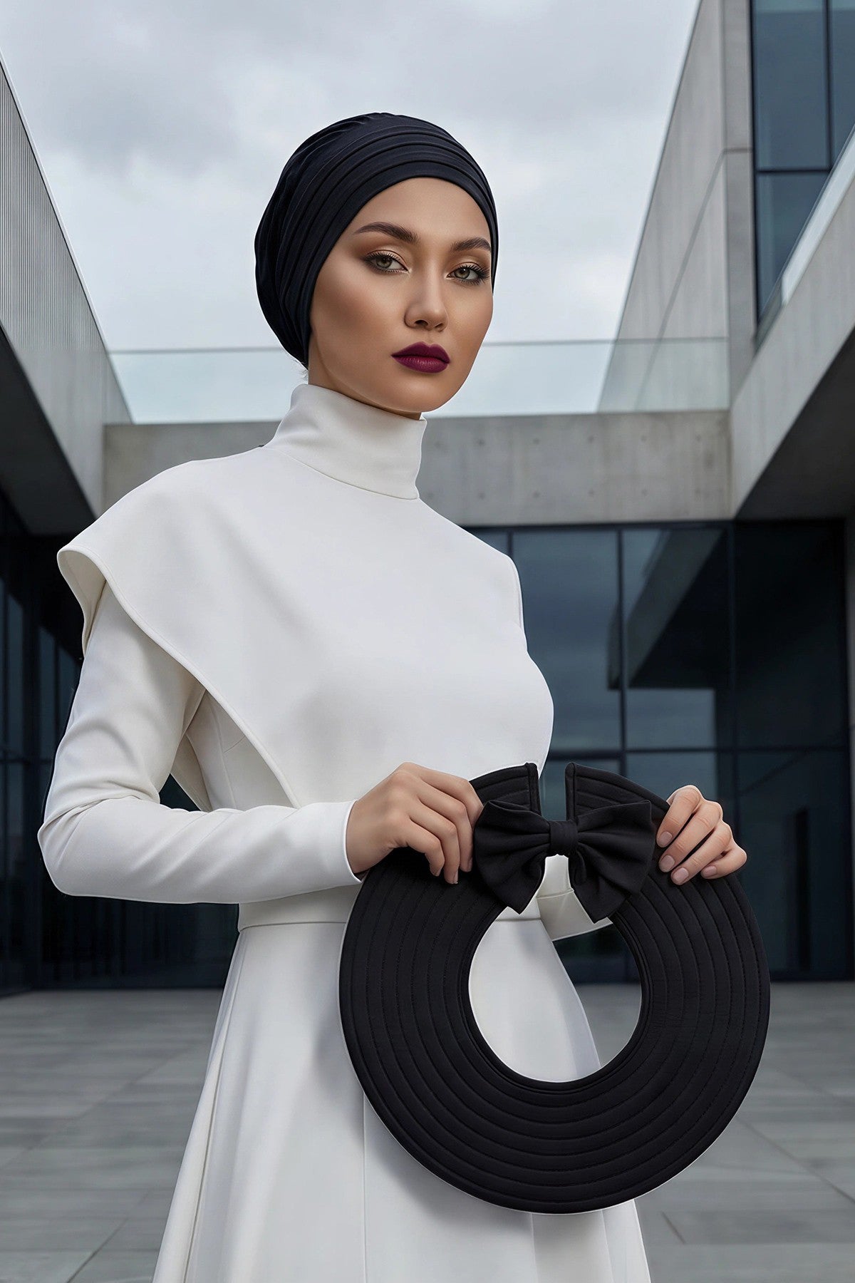 Modest Sun Protective Turban Bonnet with Removable Bow Brim for Women, 2-in-1 Hijab Hat with Removable Brim,S-4 Black