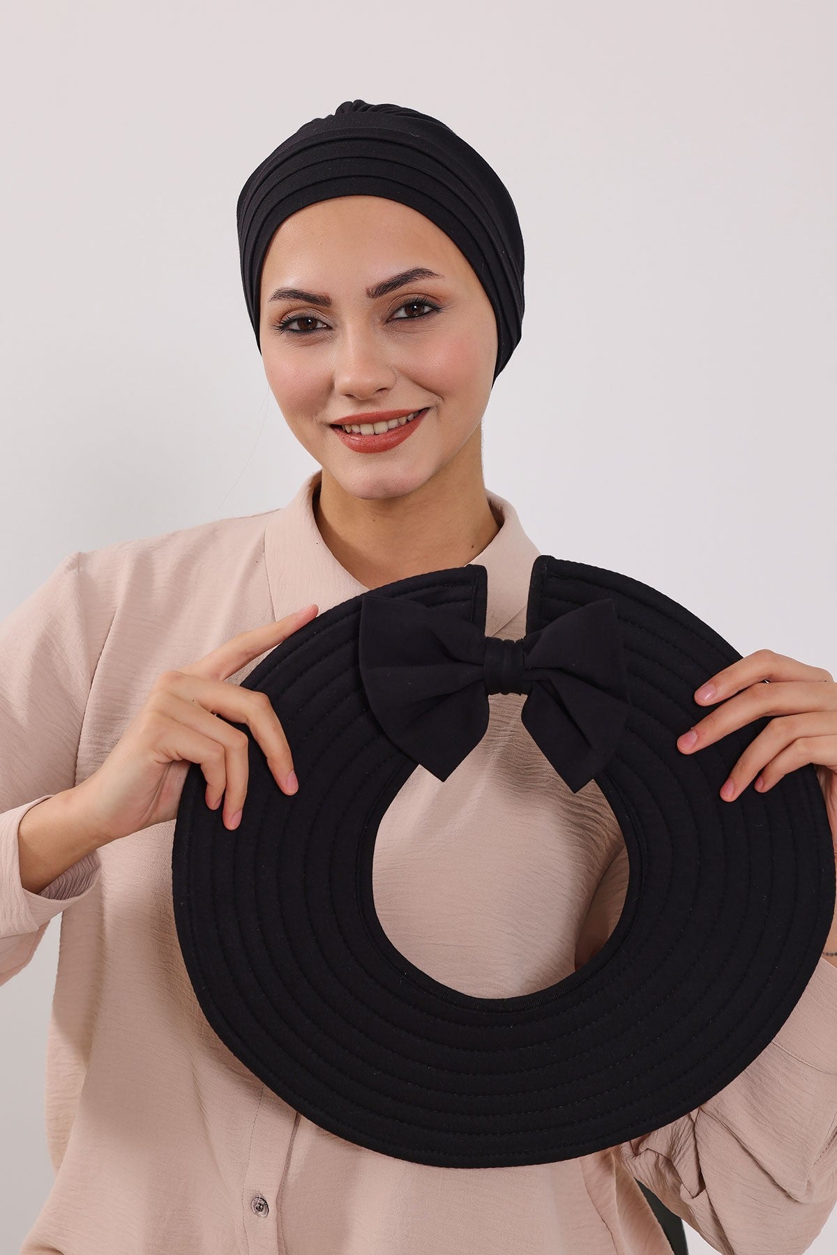 Modest Sun Protective Turban Bonnet with Removable Bow Brim for Women, 2-in-1 Hijab Hat with Removable Brim,S-4 Black