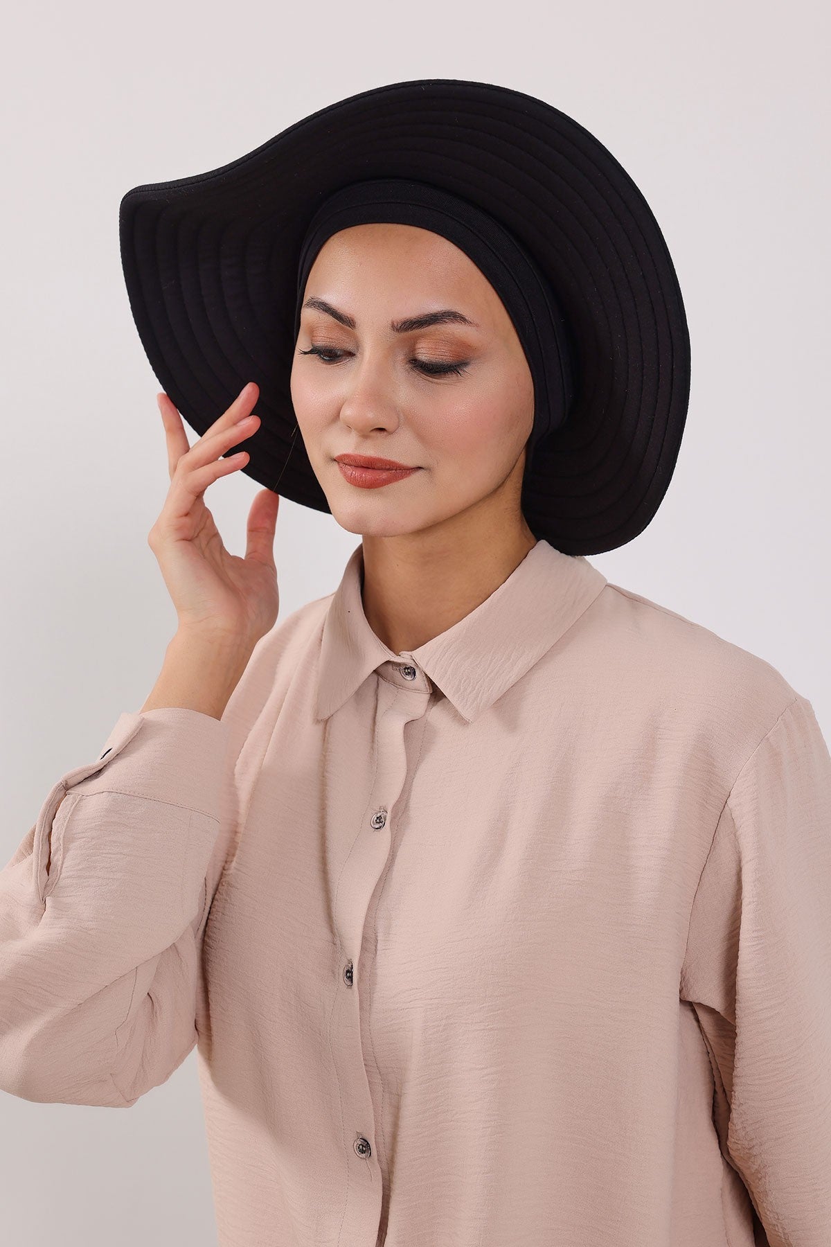 Modest Sun Protective Turban Bonnet with Removable Bow Brim for Women, 2-in-1 Hijab Hat with Removable Brim,S-4 Black