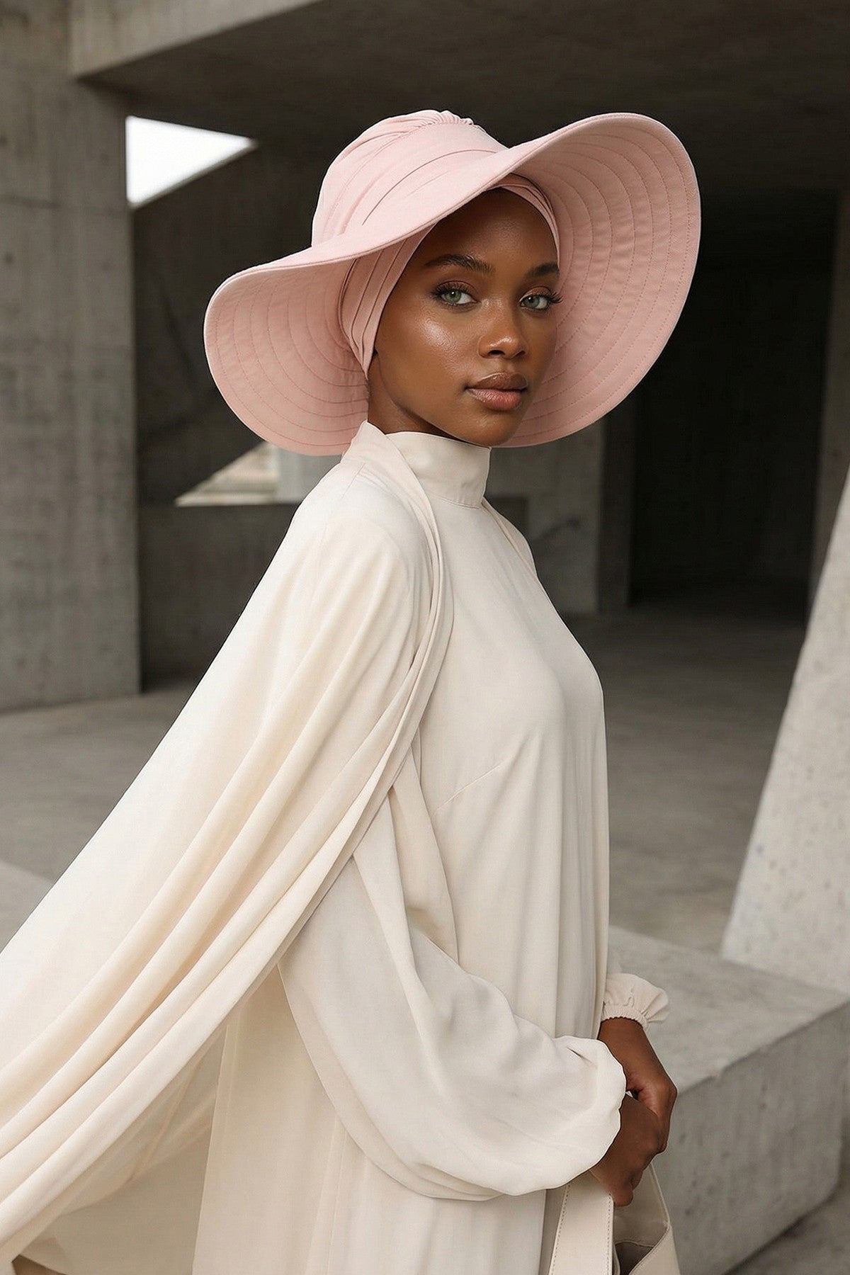 Modest Sun Protective Turban Bonnet with Removable Bow Brim for Women, 2-in-1 Hijab Hat with Removable Brim,S-4 Powder