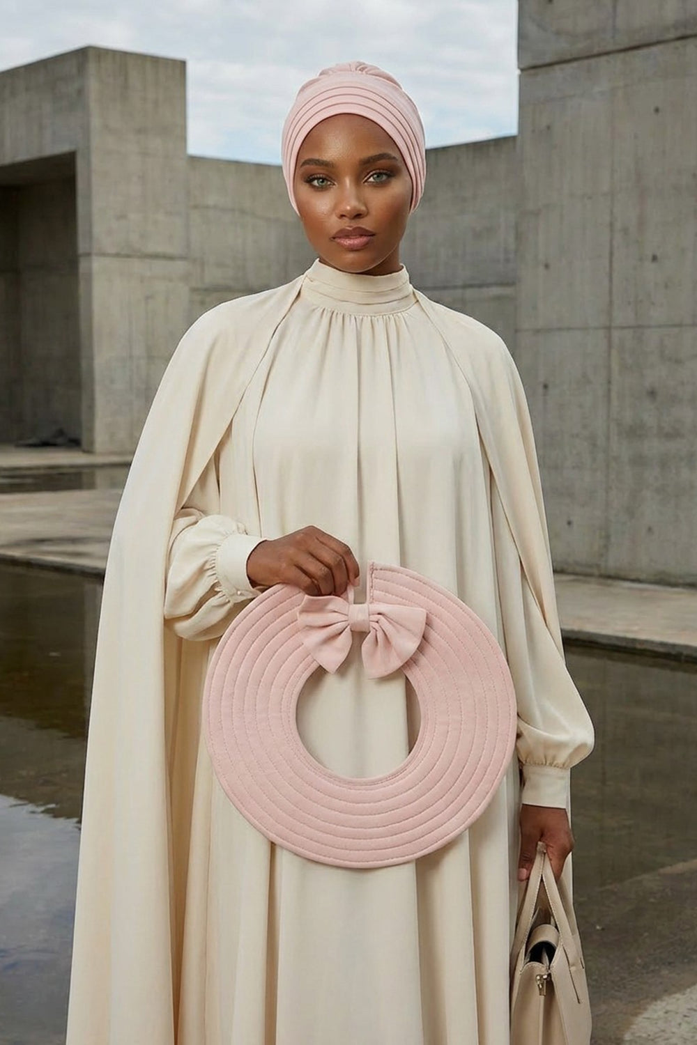Modest Sun Protective Turban Bonnet with Removable Bow Brim for Women, 2-in-1 Hijab Hat with Removable Brim,S-4 Powder