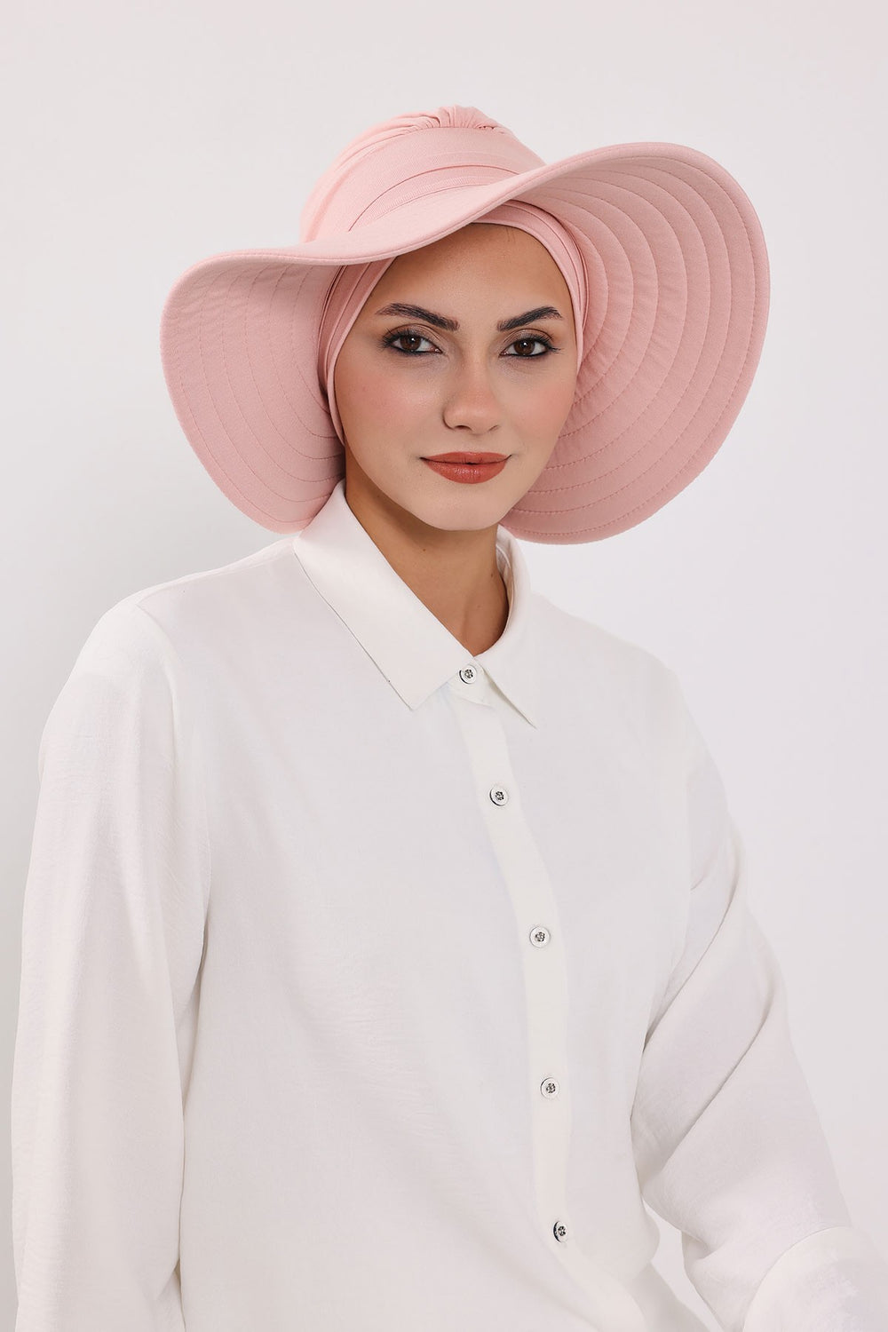 Modest Sun Protective Turban Bonnet with Removable Bow Brim for Women, 2-in-1 Hijab Hat with Removable Brim,S-4 Powder