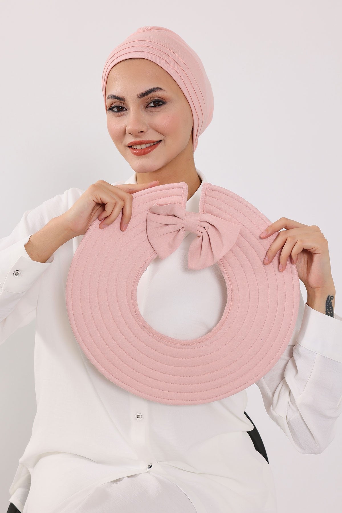 Modest Sun Protective Turban Bonnet with Removable Bow Brim for Women, 2-in-1 Hijab Hat with Removable Brim,S-4 Powder