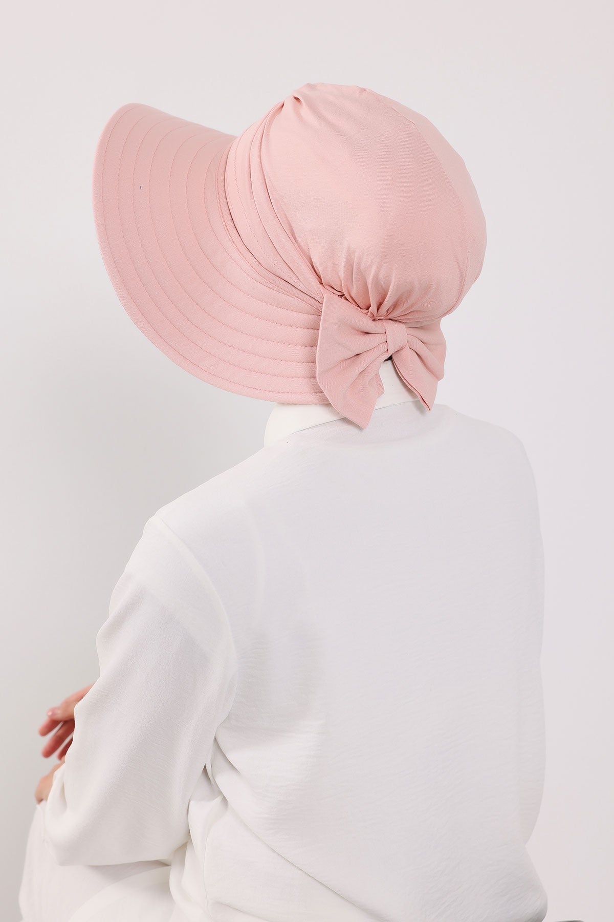 Modest Sun Protective Turban Bonnet with Removable Bow Brim for Women, 2-in-1 Hijab Hat with Removable Brim,S-4 Powder