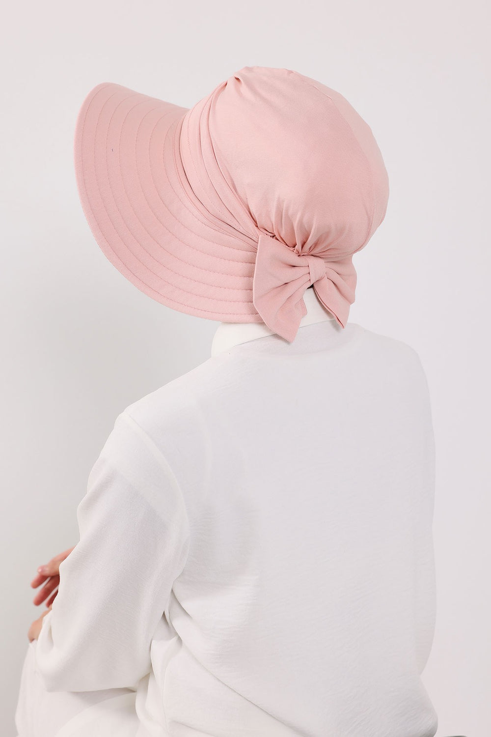 Modest Sun Protective Turban Bonnet with Removable Bow Brim for Women, 2-in-1 Hijab Hat with Removable Brim,S-4 Powder