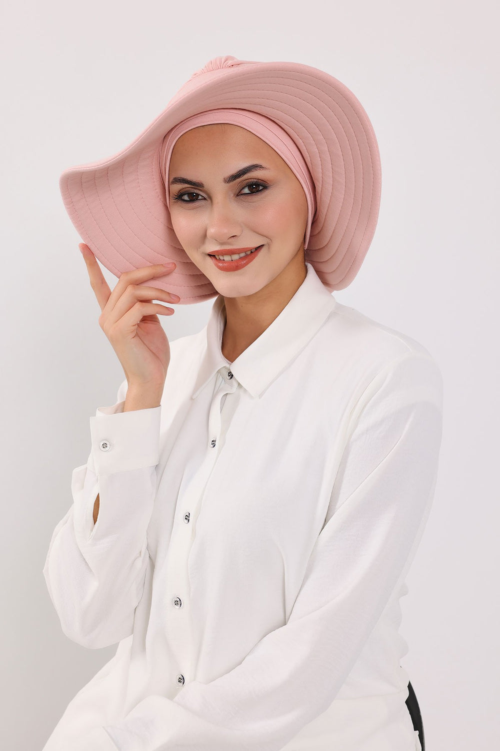 Modest Sun Protective Turban Bonnet with Removable Bow Brim for Women, 2-in-1 Hijab Hat with Removable Brim,S-4 Powder
