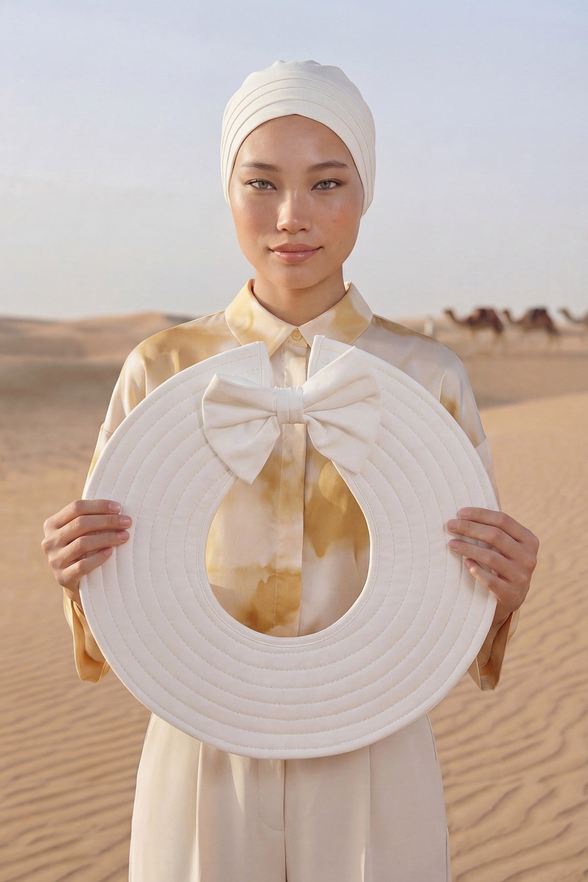 Modest Sun Protective Turban Bonnet with Removable Bow Brim for Women, 2-in-1 Hijab Hat with Removable Brim,S-4 Ivory