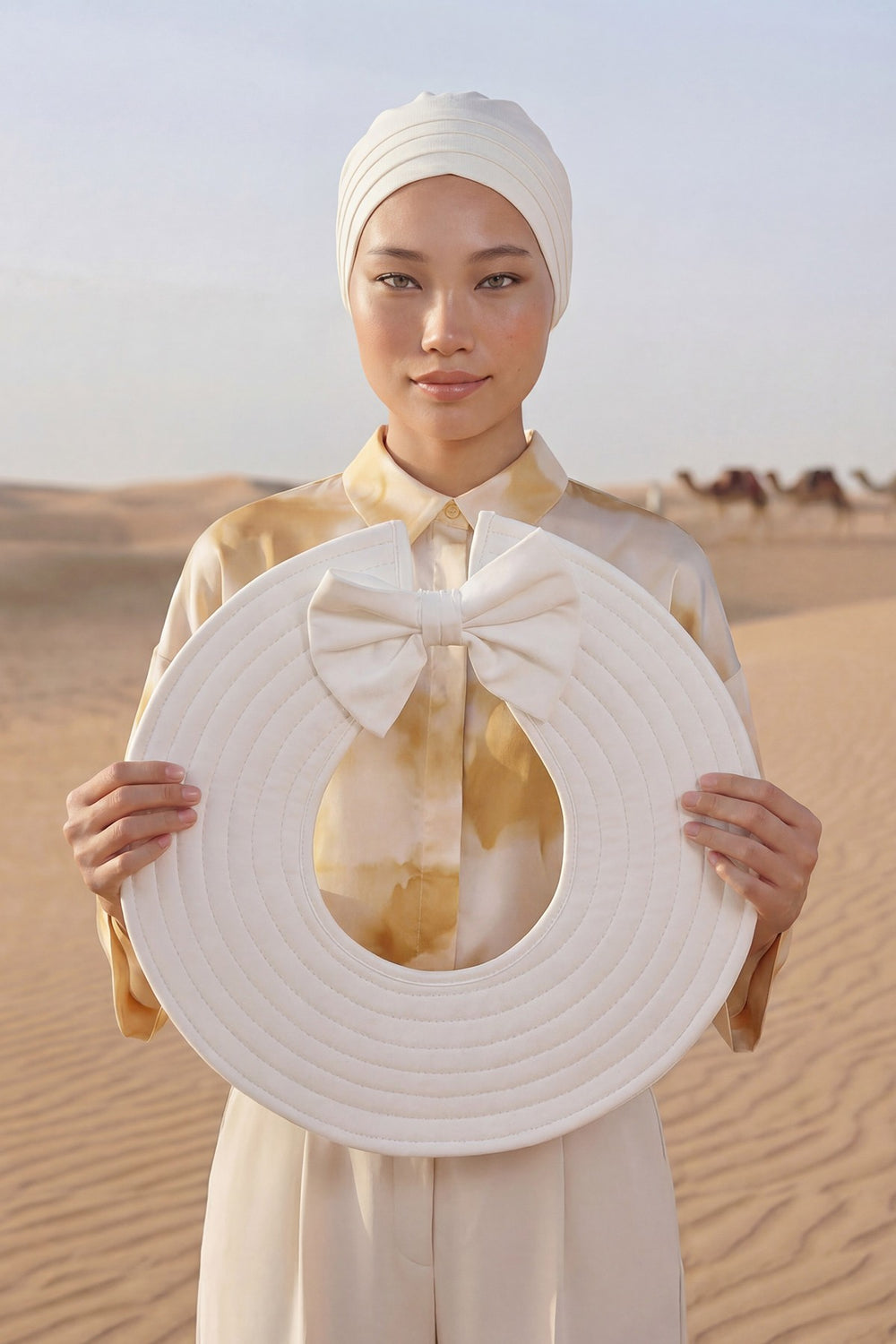 Modest Sun Protective Turban Bonnet with Removable Bow Brim for Women, 2-in-1 Hijab Hat with Removable Brim,S-4 Ivory