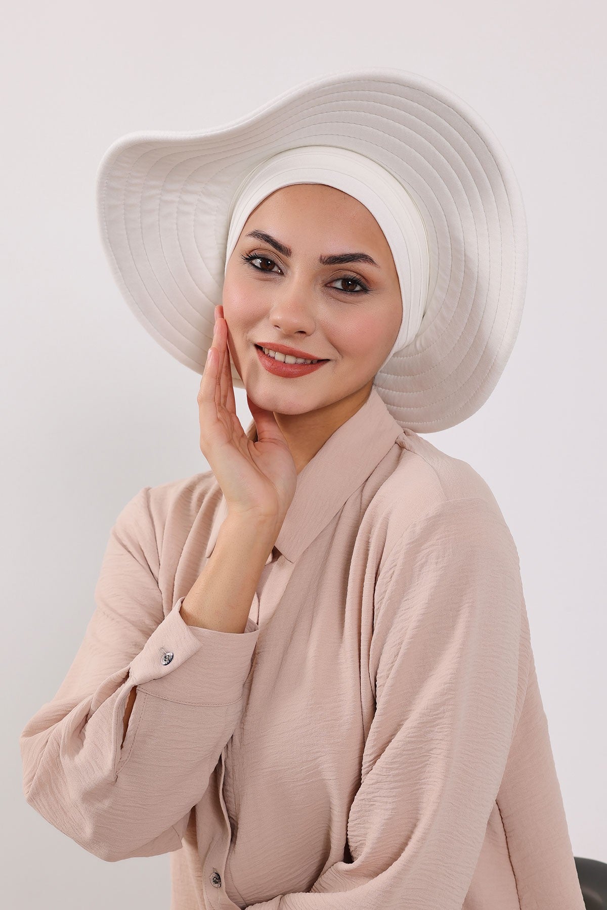 Modest Sun Protective Turban Bonnet with Removable Bow Brim for Women, 2-in-1 Hijab Hat with Removable Brim,S-4 Ivory