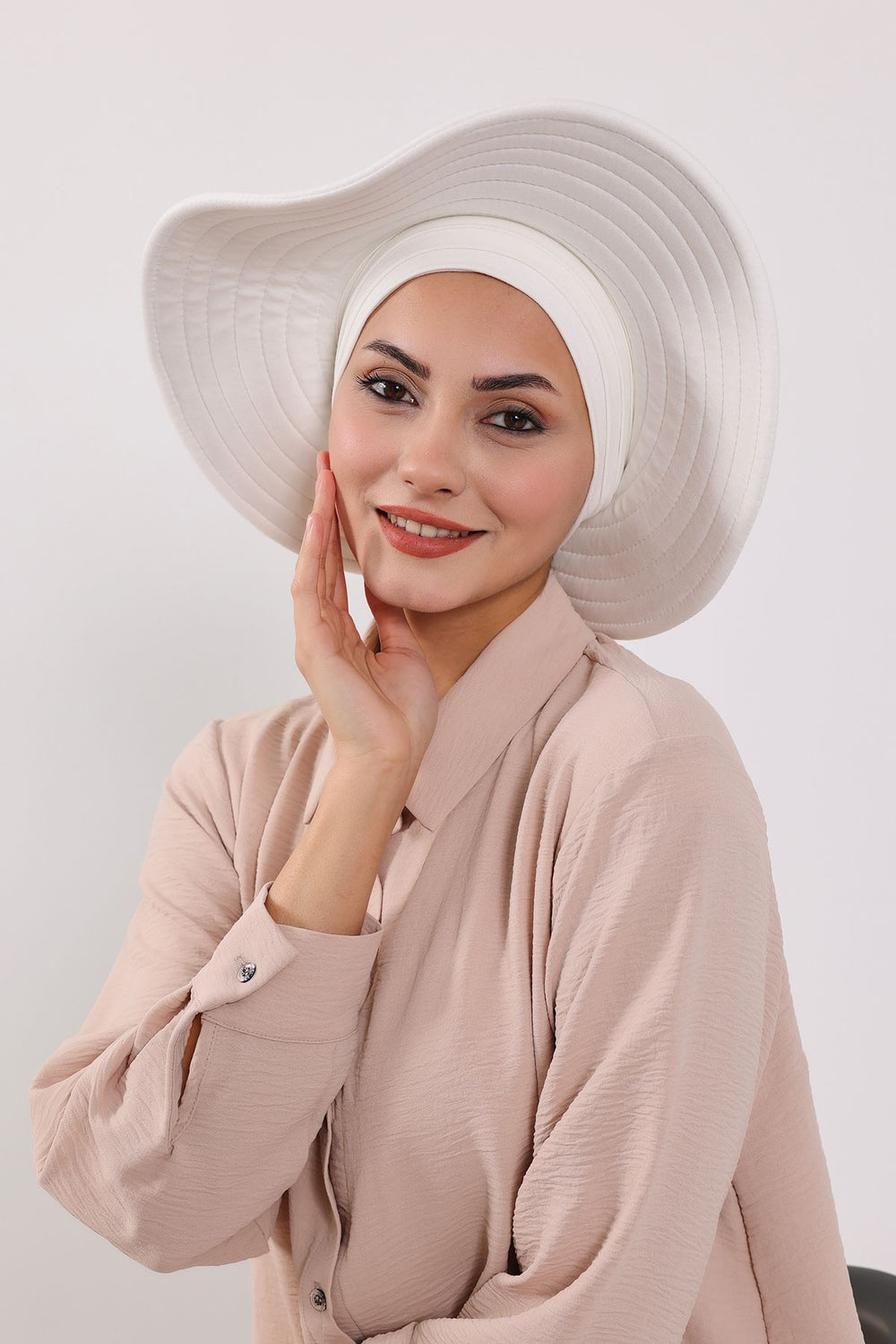 Modest Sun Protective Turban Bonnet with Removable Bow Brim for Women, 2-in-1 Hijab Hat with Removable Brim,S-4 Ivory