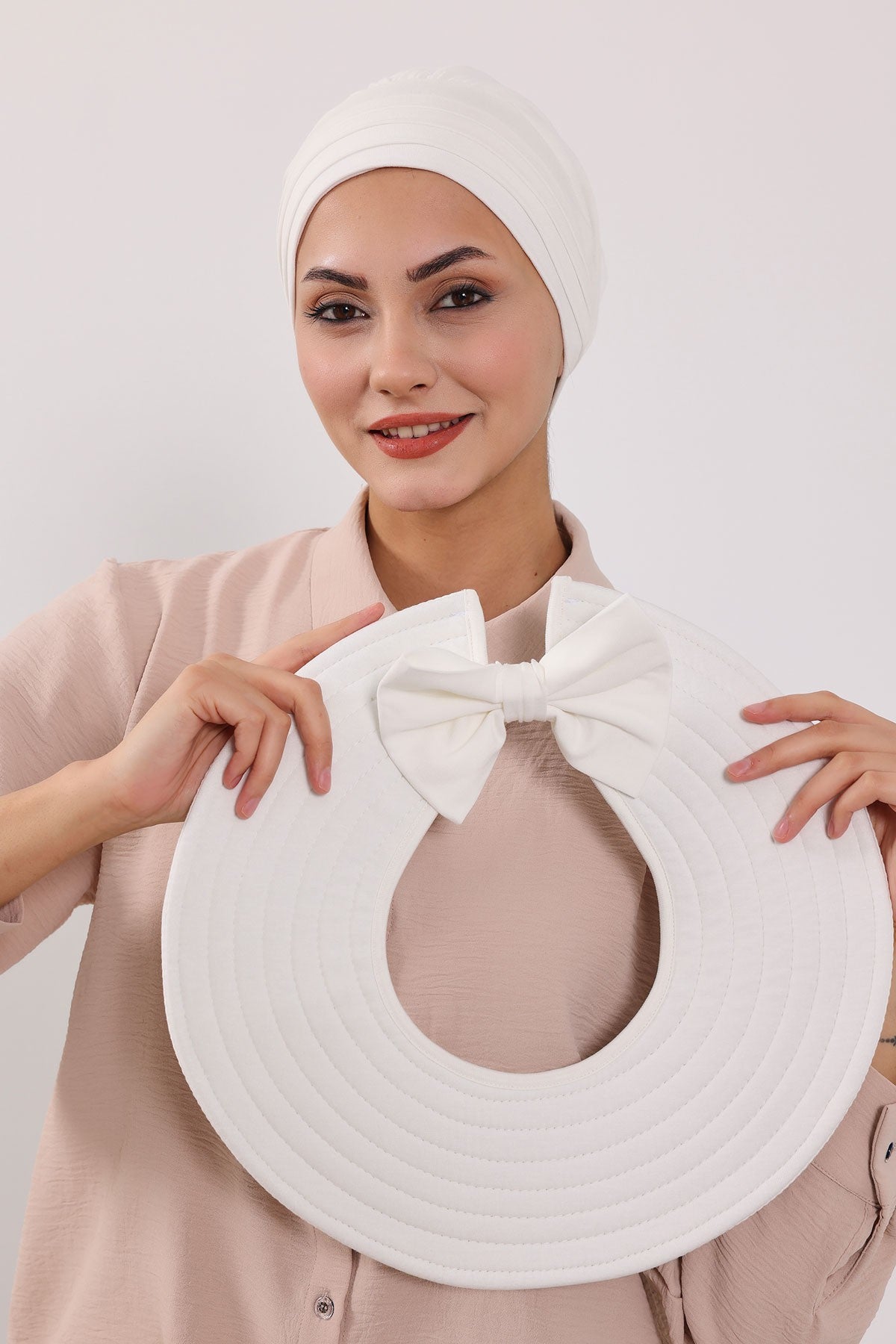 Modest Sun Protective Turban Bonnet with Removable Bow Brim for Women, 2-in-1 Hijab Hat with Removable Brim,S-4 Ivory
