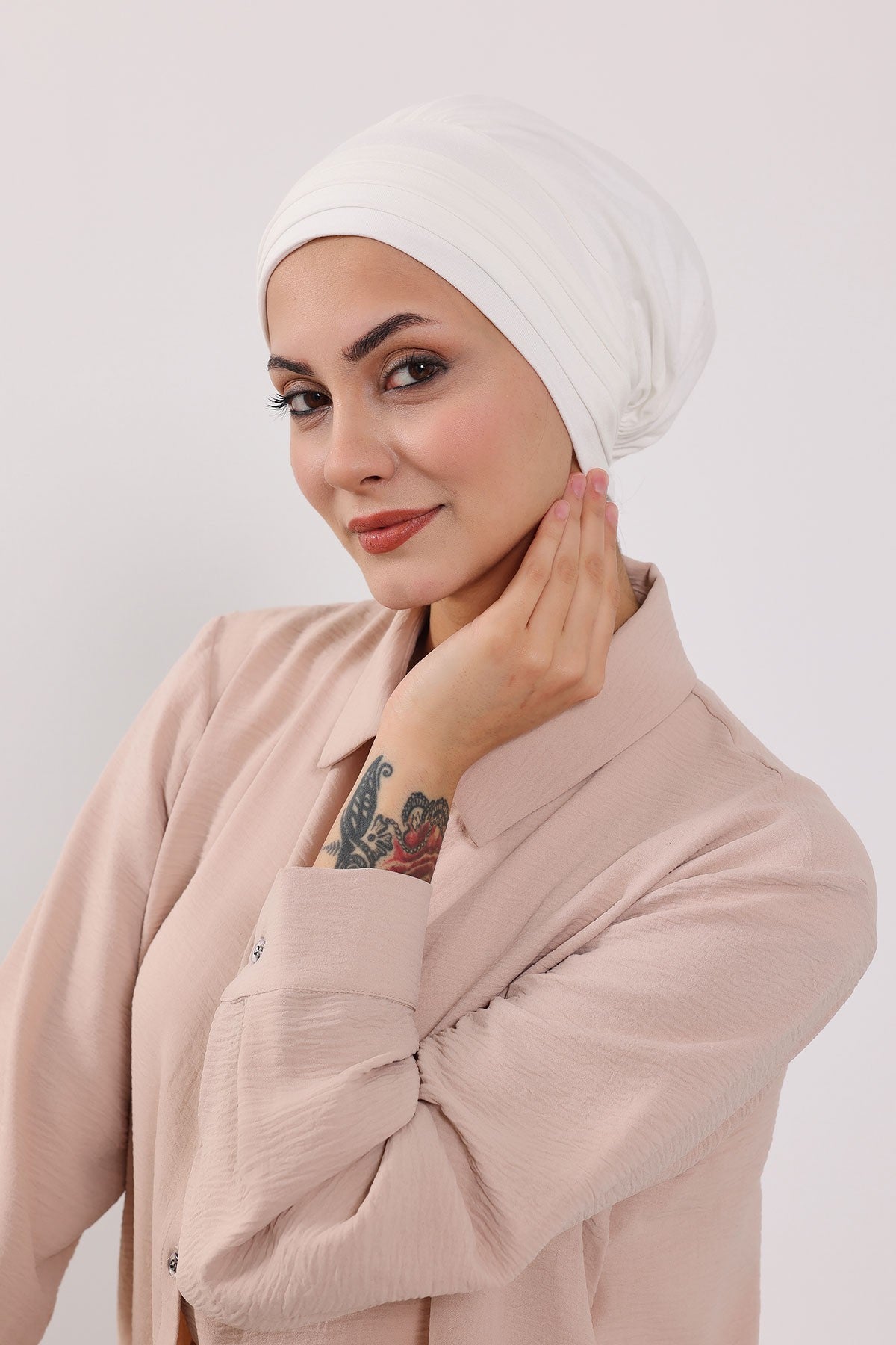 Modest Sun Protective Turban Bonnet with Removable Bow Brim for Women, 2-in-1 Hijab Hat with Removable Brim,S-4 Ivory
