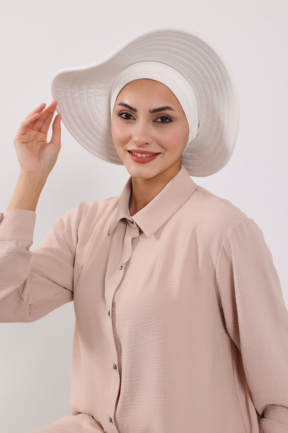 Modest Sun Protective Turban Bonnet with Removable Bow Brim for Women, 2-in-1 Hijab Hat with Removable Brim,S-4 Ivory