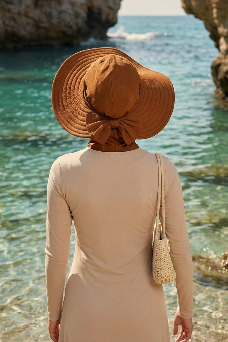 Modest Sun Protective Turban Bonnet with Removable Bow Brim for Women, 2-in-1 Hijab Ninja Cap with Removable Brim,S-5